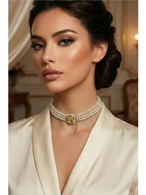 BB Bridal Boutique Cam Incili Gold Kaplama Tasma Taşlı Choker Baget Kolye Özel Tasarım Kolye Renkli Choker Kolye