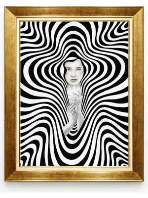 Tablore Modern Op Art Siyah Beyaz Illüzyon Kadın Portresi Gold Çerçeveli Kanvas Tablo