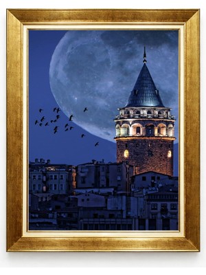 Tablore Gece Manzaralı Dolunay ve Galata Kulesi Gold Çerçeveli Kanvas Duvar Tablosu
