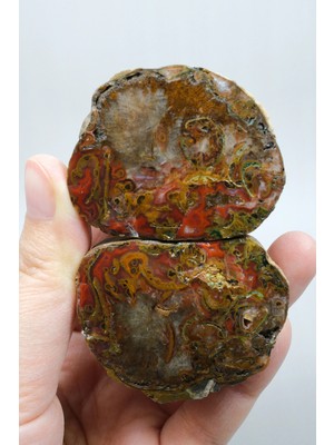 Healcrystal Carnelian Kırmızı ve Hardal Sarısı Bantlı Siyah Deniz Akik Çifti, 167G
