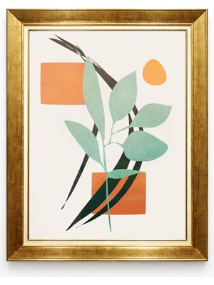 Tablore Gold Çerçeveli Modern Soyut Yaprak ve Geometrik Desenli Tablo Iskandinav Duvar Dekoru
