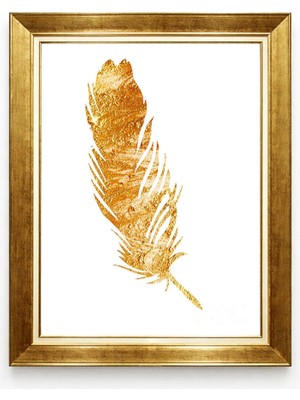 Tablore Altın Varak Görünümlü Kuş Tüyü Gold Çerçeveli Tablo Modern Minimalist Salon Duvar Dekoru