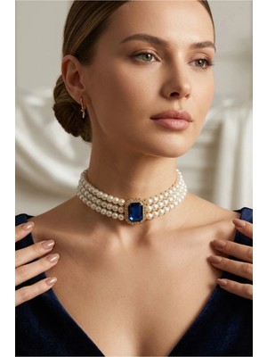 BB Bridal Boutique Cam Incili Gold Kaplama Tasma Taşlı Choker Baget Kolye Özel Tasarım Kolye Renkli Choker Kolye