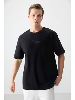 Air Jones Siyah %100 Pamuk Kalın Yumuşak Dokulu Oversize Fit Baskılı Erkek T-Shirt - 88361
