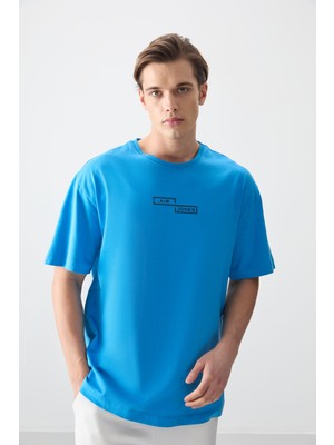 Air Jones Petrol Mavi %100 Pamuk Kalın Yumuşak Dokulu Oversize Fit Baskılı Erkek T-Shirt - 88361