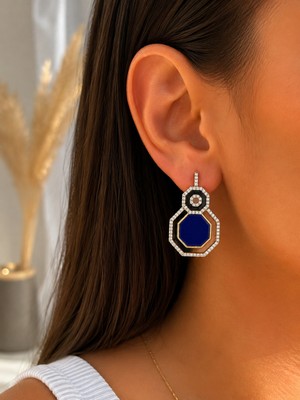 Moda Zirkon Taşlı Lacivert Mineli Altıgen Geometrik Sallantılı Küpe