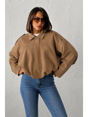 Trendparis Kadın Oversize Süet Bomber Ceket - Düşük Omuzlu Camel