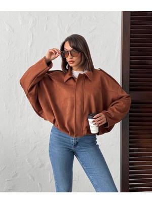 Trendparis Kadın Oversize Süet Bomber Ceket - Düşük Omuzlu Taba