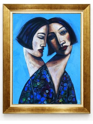 Tablore Modern Sanat Çift Kadın Portresi Altın Çerçeveli Tablo Mavi Zeminli Salon Duvar Tablosu