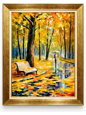 Tablore Sonbahar Park Manzarası Yağlıboya Görünümlü Altın Çerçeveli Tablo Sıcacık Ev ve Salon Duvar Tablosu