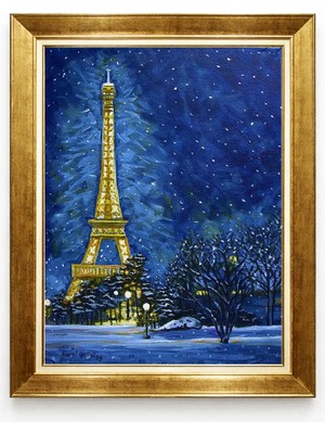 Tablore Karlı Gece Eyfel Kulesi Altın Çerçeveli Tablo Paris Manzaralı Yağlıboya Görünümlü Duvar Tablosu