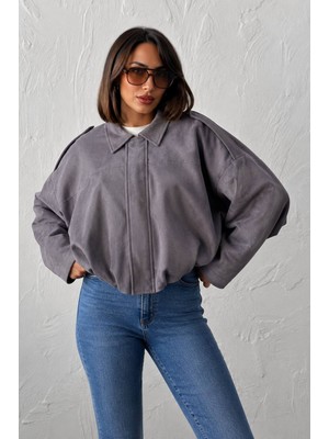 Trendparis Kadın Oversize Süet Bomber Ceket - Düşük Omuzlu Gri
