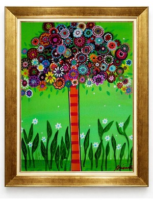 Tablore Renkli Hayat Ağacı Altın Çerçeveli Tablo Çiçekli Modern Sanat Salon ve Oturma Odası Duvar Tablosu