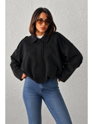 Trendparis Kadın Oversize Süet Bomber Ceket - Düşük Omuzlu Siyah