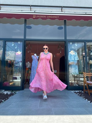 Jasminurgancy Ipek Kumaş Pembe Desenli Elbise