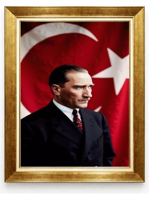 Tablore Mustafa Kemal Atatürk ve Türk Bayrağı Altın Çerçeveli Kanvas Tablo Portre Ofis ve Ev Tablosu