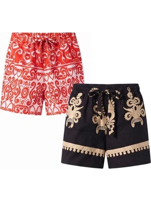 Kozz Style 2li Dokuma Viskon Kısa Şort Siyah+Kırmızı Embroidery