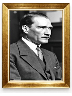 Tablore Mustafa Kemal Atatürk Siyah Beyaz Fotoğraf Gold Çerçeveli Tablo Ofis ve Salon Duvar Dekoru