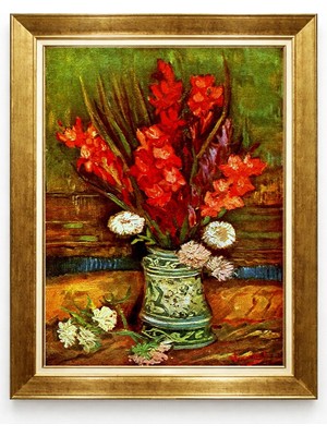 Tablore Vazoda Kırmızı Çiçekler Altın Çerçeveli Kanvas Tablo Van Gogh Tarzı Klasik Salon Tablosu