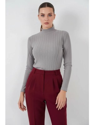 Efnaz Style Kadın Balıkçı Yaka Dikey Çizgili Gri Body