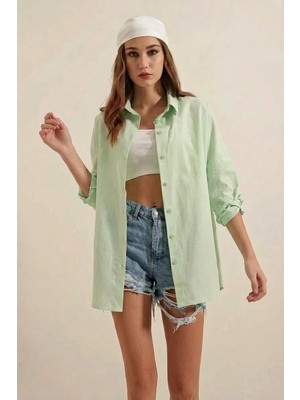 Efnaz Style Kadın Uzun Kol Basic Oversize Pamuklu Çağla Yeşili Gömlek