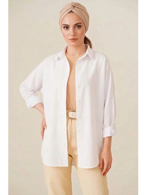 Efnaz Style Kadın Oversize Basic Pamuklu Beyaz Tesettür Gömlek