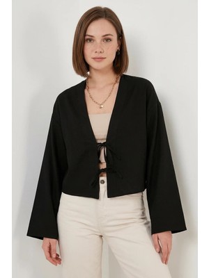 Efnaz Style Kadın V Yaka Önü Bağlamalı Keten Siyah Kimono