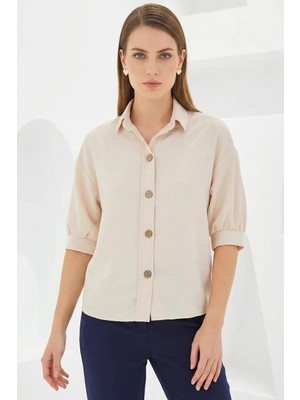Efnaz Style Kadın Kısa Kol Oversize Keten Krem Gömlek