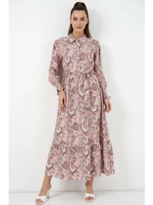 Efnaz Style Kadın Gömlek Yaka Kuşaklı Çiçek Desenli Viskon Pembe Tesettür Elbise