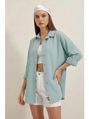 Efnaz Style Kadın Oversize Basic Pamuklu Su Yeşili Gömlek