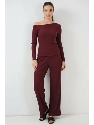 Efnaz Style Kadın Düşük Omuz Bordo Takım