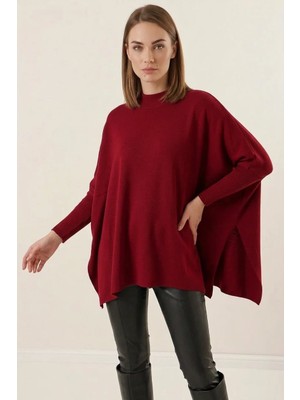 Efnaz Style Kadın Balıkçı Yaka Yandan Yırtmaçlı Oversize Triko Bordo Panço Kazak