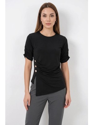 Efnaz Style Kadın Yuvarlak Yaka Düğme Detaylı Büzgülü Kol Siyah Bluz