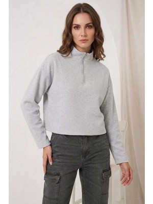 Efnaz Style Kadın Fermuarlı Yaka Pamuklu Gri Sweatshirt
