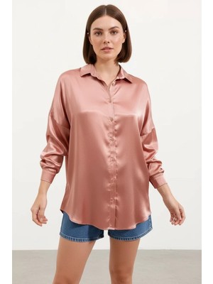 Efnaz Style Kadın Oversize Kesim Saten Camel Gömlek