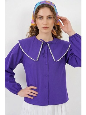 Efnaz Style Kadın Bebe Yaka Beyaz Kenar Detaylı Pamuklu Mor Gömlek