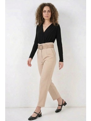 Efnaz Style Kadın Yüksek Bel Kemerli Krem Pantolon