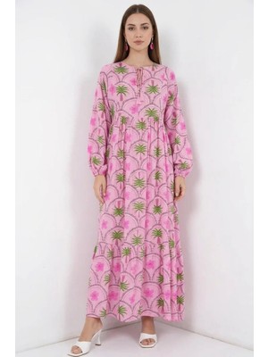 Efnaz Style Kadın Yuvarlak Yaka Beli Büzgülü Çiçek Desenli Viskon Pembe Tesettür Elbise