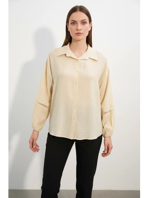 Efnaz Style Kadın Oversize Desenli Krem Gömlek