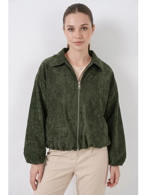 Efnaz Style Kadın Gömlek Yaka Büzgülü Oversize Kadife Haki Ceket