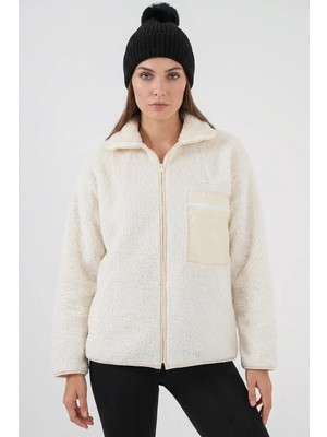 Efnaz Style Kadın Dik Yaka Fermuarlı Oversize Cep Detaylı Bej Ceket