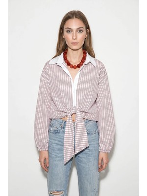 Efnaz Style Kadın Çizgili Bağlama Detaylı Oversize Gömlek Beyaz Bordo