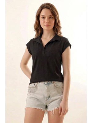 Efnaz Style Kadın Polo Yaka Dikey Çizgili Siyah Bluz