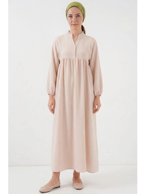 Efnaz Style Kadın Gömlek Yaka Belden Büzgülü Uzun Kol Krem Tesettür Elbise