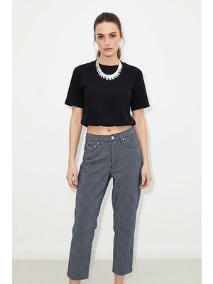 Efnaz Style Kadın Beli Lastikli Balon Formlu Crop T Shirt Siyah