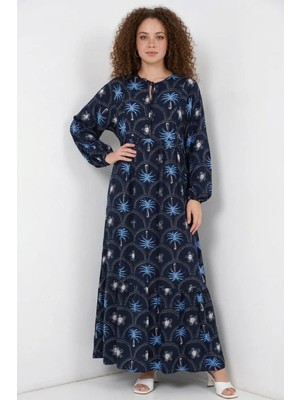 Efnaz Style Kadın Bağcıklı Yaka Beli Büzgülü Çiçek Desenli Viskon Lacivert Tesettür Elbise