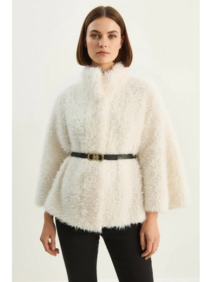 Efnaz Style Kadın Kemer Detaylı Yumuşak Dokulu Peluş Panço Beyaz