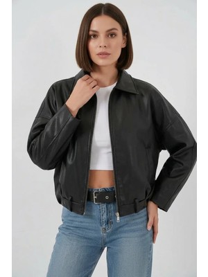 Efnaz Style Kadın Gömlek Yaka Kemerli Deri Görünümlü Siyah Ceket