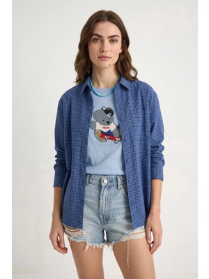 Efnaz Style Kadın Teddy Nakışlı Işlemeli Bisiklet Yaka Basic T Shirt Bebe Mavisi