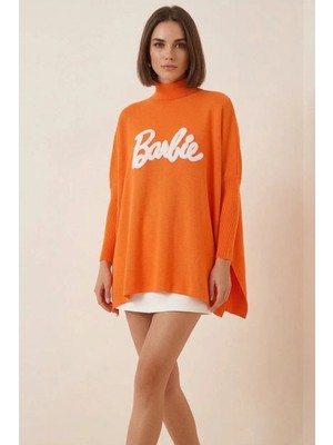 Efnaz Style Kadın Balıkçı Yaka Yandan Yırtmaçlı Oversize Triko Turuncu Panço Kazak
